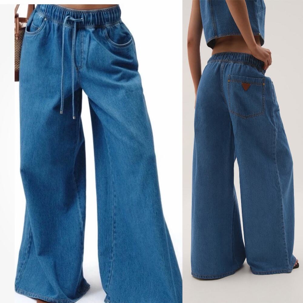 Aje Studio Sunray Denim Jeans Size 12 Wide Leg Pull On Elastic Waist Blue NWT
